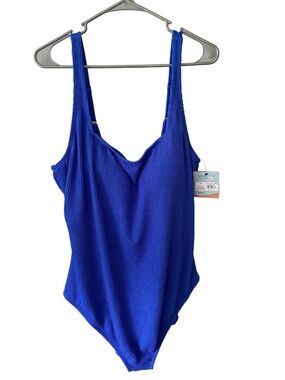 Sand & Shore Blue Textured One‑Piece Swimsuit – V‑Neck – NWT – Size 24